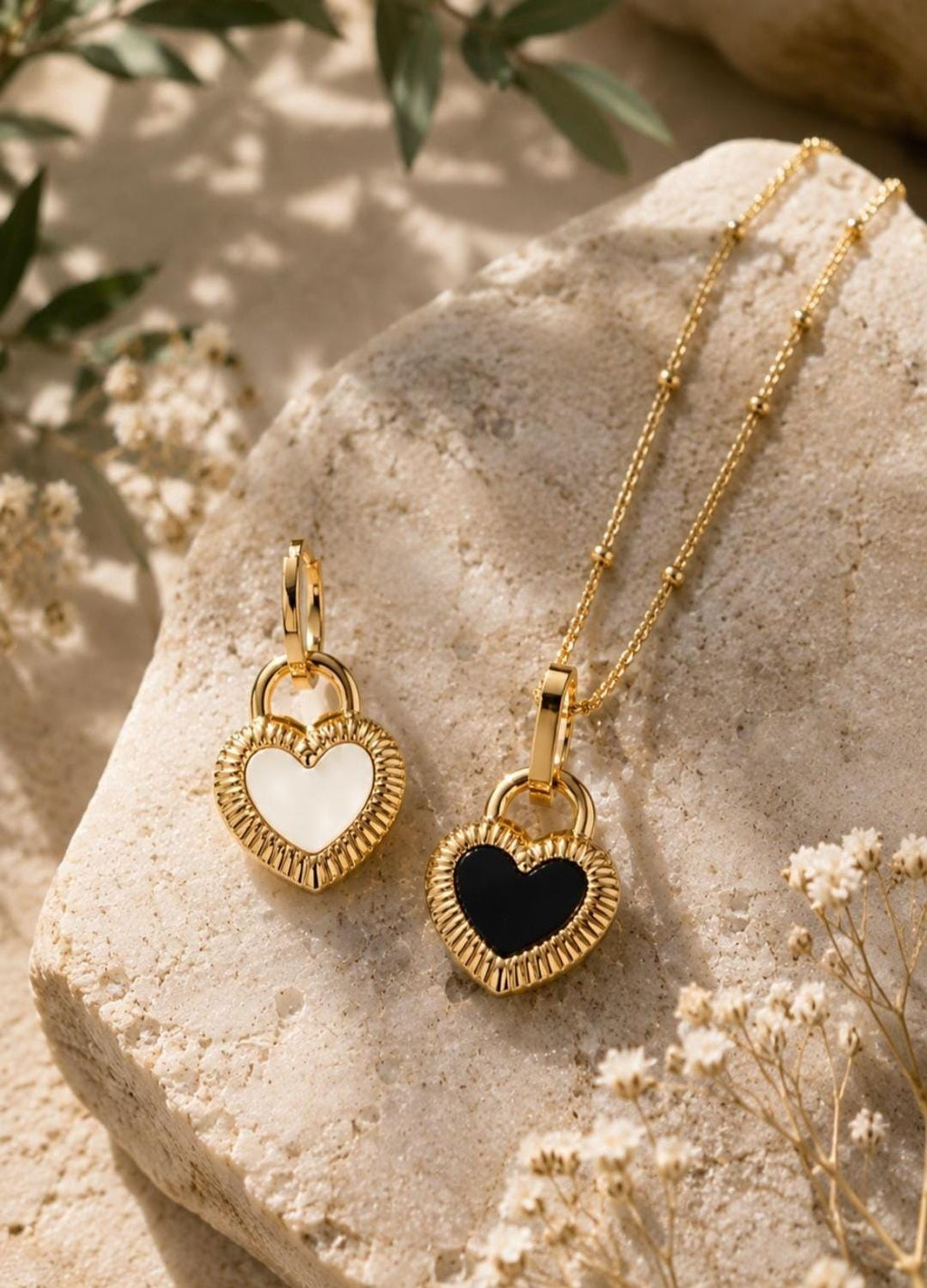 Reversible Black White Heart Necklace, 18K Gold Plated Stainless Steel Pendant, Waterproof Tarnish Resistant