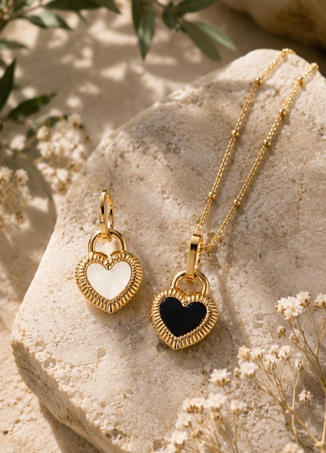 Reversible Black White Heart Necklace, 18K Gold Plated Stainless Steel Pendant, Waterproof Tarnish Resistant