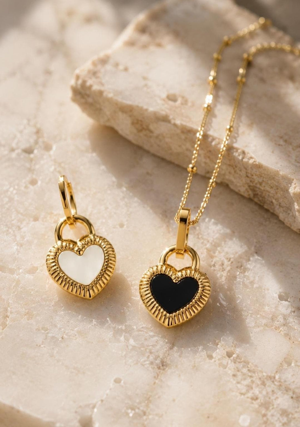 Reversible Black White Heart Necklace, 18K Gold Plated Stainless Steel Pendant, Waterproof Tarnish Resistant