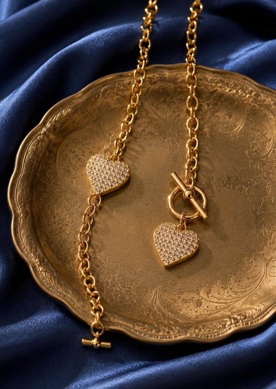 18K Gold Plated Heart Charm Necklace and Bracelet Set, Zircon Pave, Waterproof Tarnish Resistant