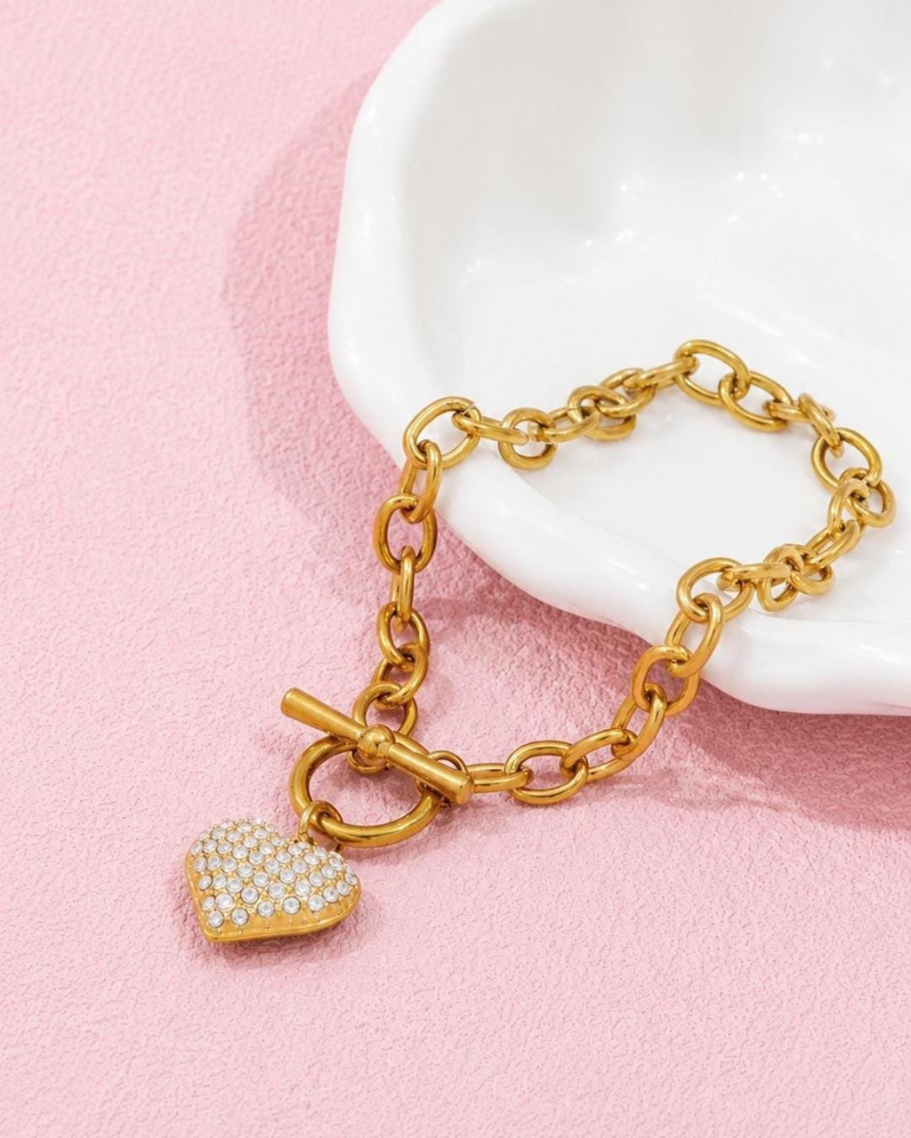 18K Gold Plated Heart Charm Necklace and Bracelet Set, Zircon Pave, Waterproof Tarnish Resistant
