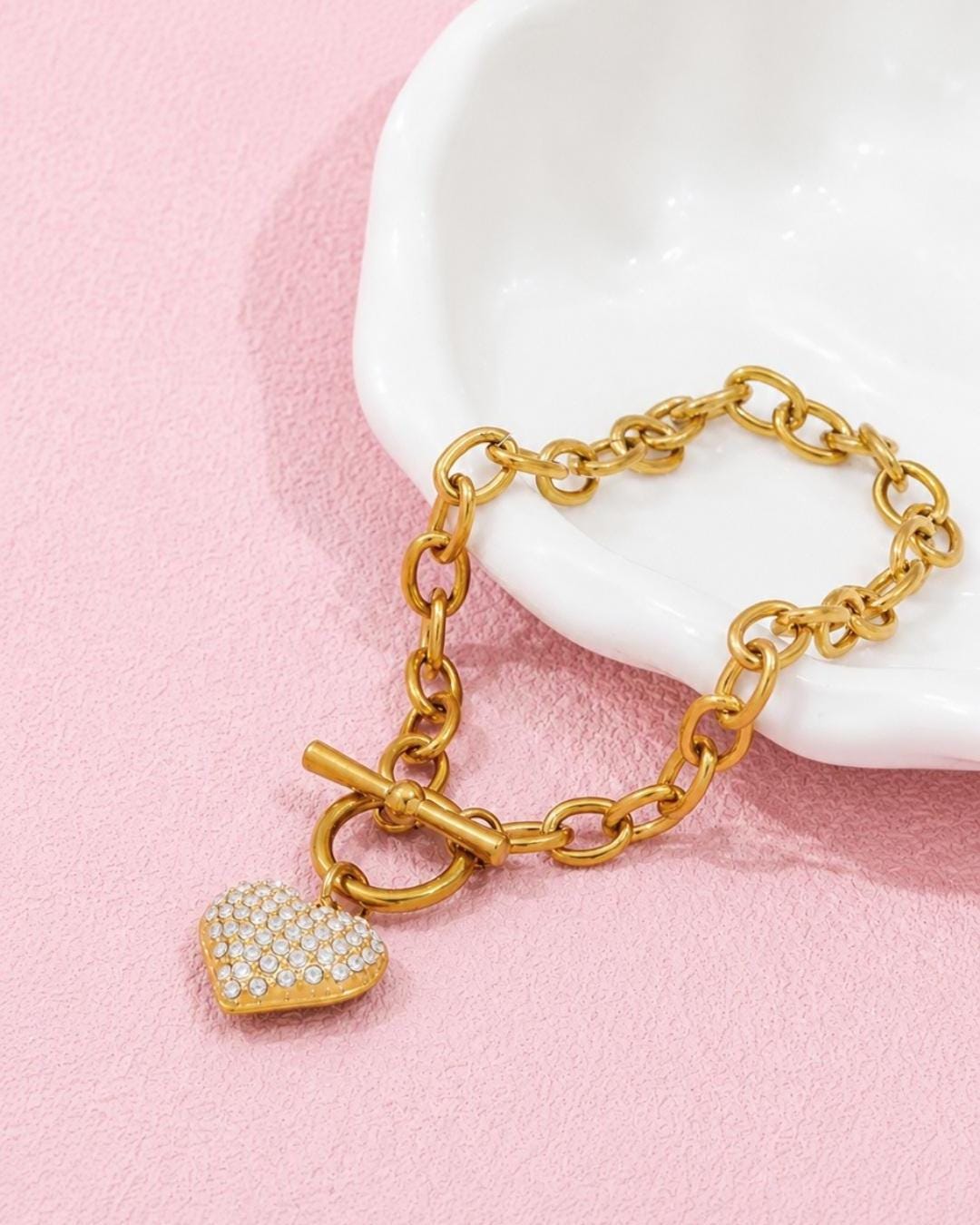 18K Gold Plated Heart Charm Necklace and Bracelet Set, Zircon Pave, Waterproof Tarnish Resistant