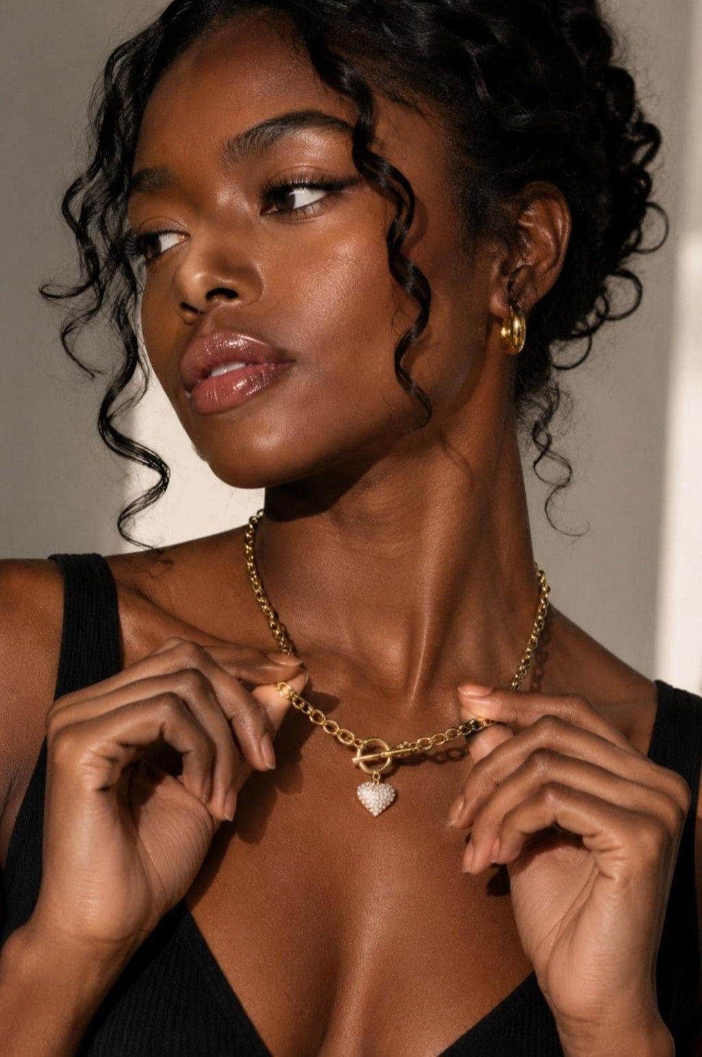 18K Gold Plated Heart Charm Necklace and Bracelet Set, Zircon Pave, Waterproof Tarnish Resistant
