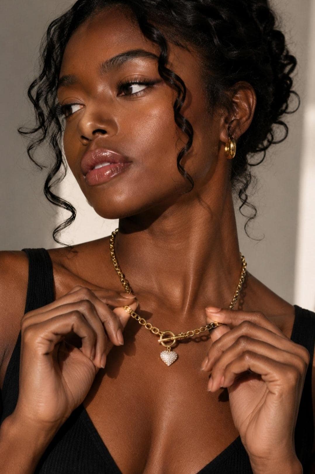 18K Gold Plated Heart Charm Necklace and Bracelet Set, Zircon Pave, Waterproof Tarnish Resistant