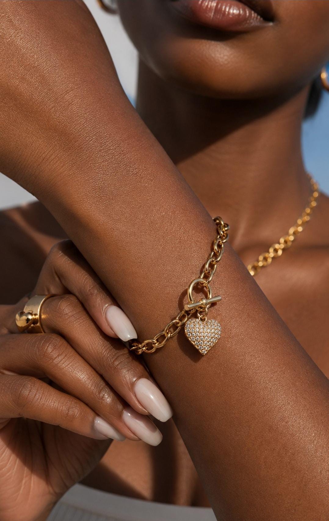 18K Gold Plated Heart Charm Necklace and Bracelet Set, Zircon Pave, Waterproof Tarnish Resistant