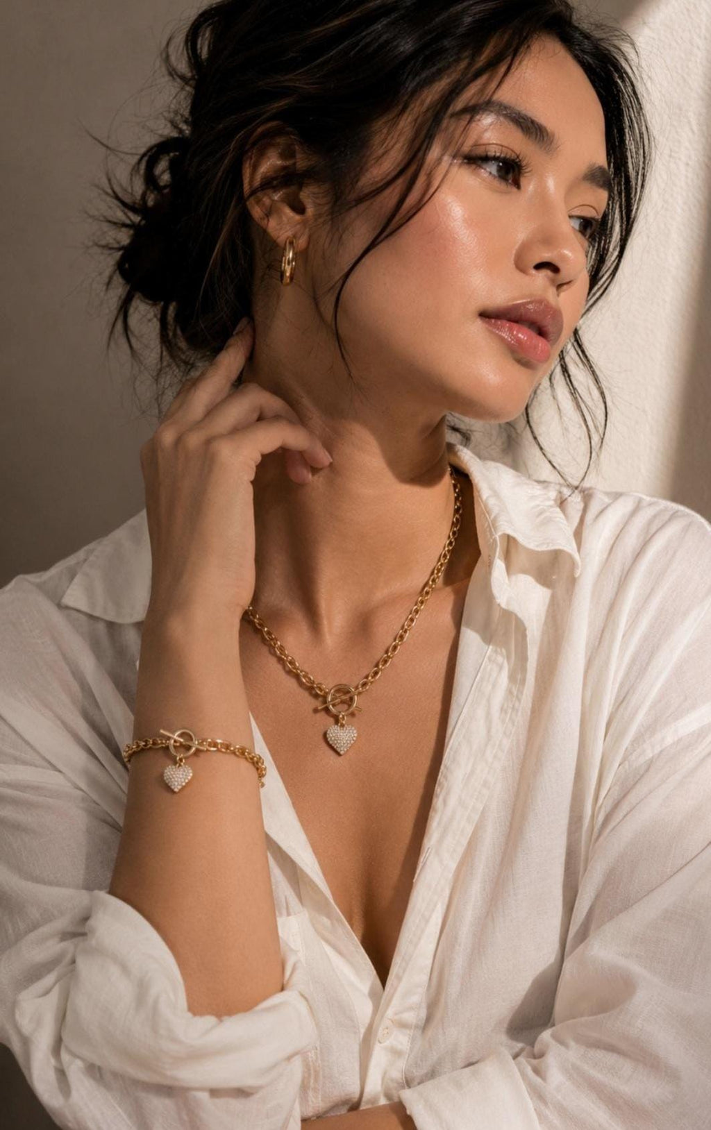 18K Gold Plated Heart Charm Necklace and Bracelet Set, Zircon Pave, Waterproof Tarnish Resistant