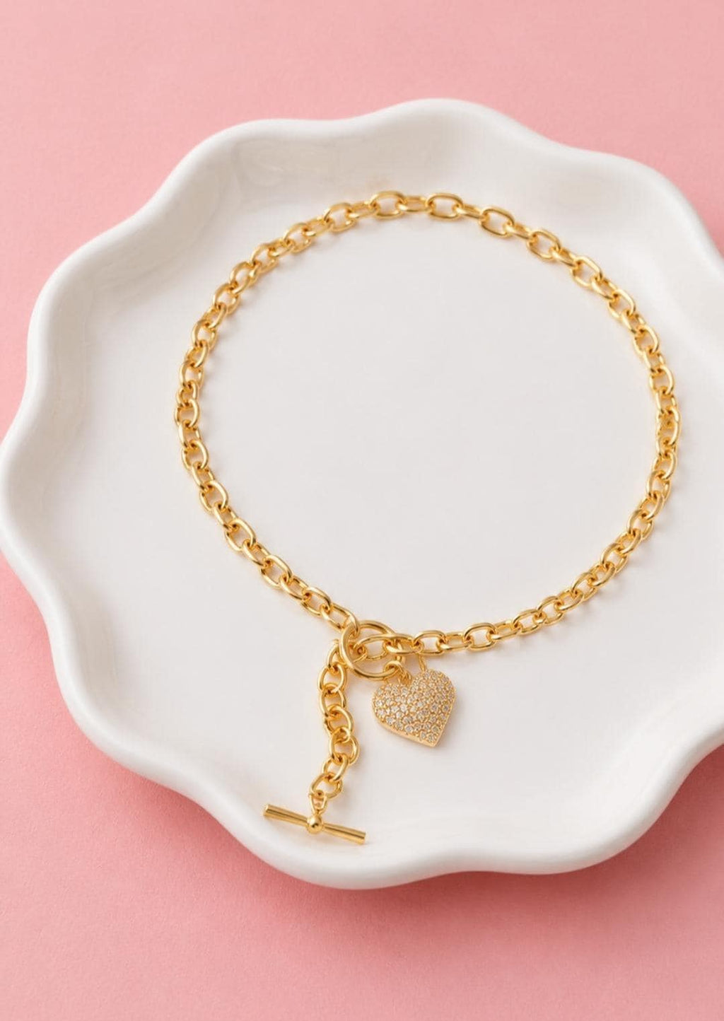 18K Gold Plated Heart Charm Necklace and Bracelet Set, Zircon Pave, Waterproof Tarnish Resistant