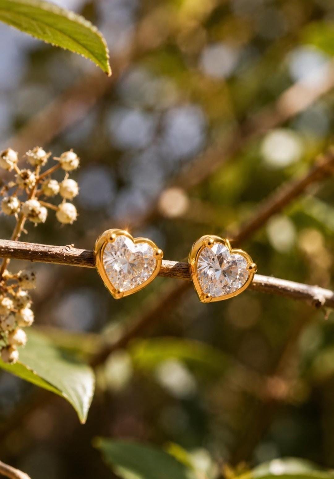 Heart Zircon Stud Earrings, 18K Gold Plated Stainless Steel, Water Resistant