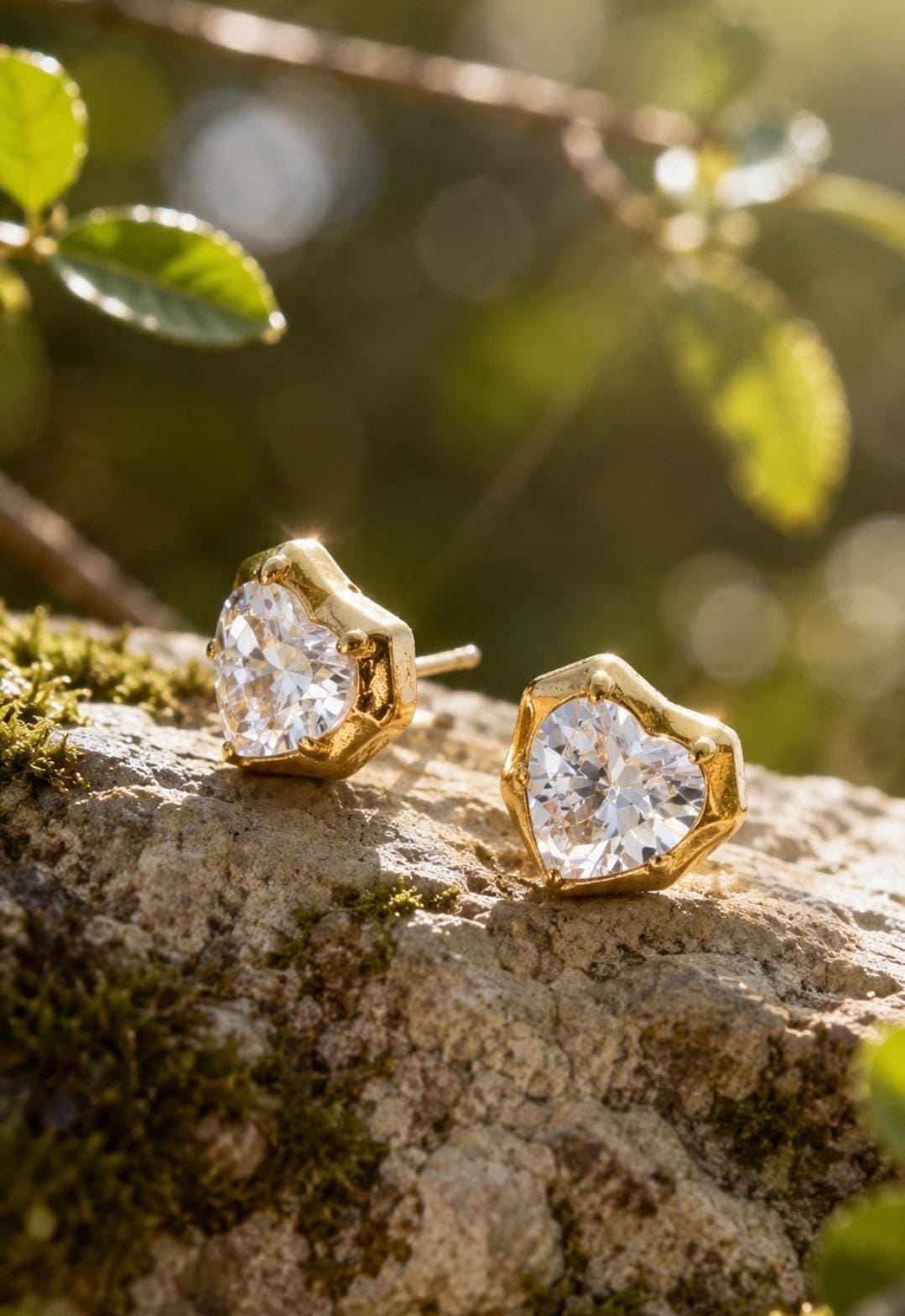 Heart Zircon Stud Earrings, 18K Gold Plated Stainless Steel, Water Resistant