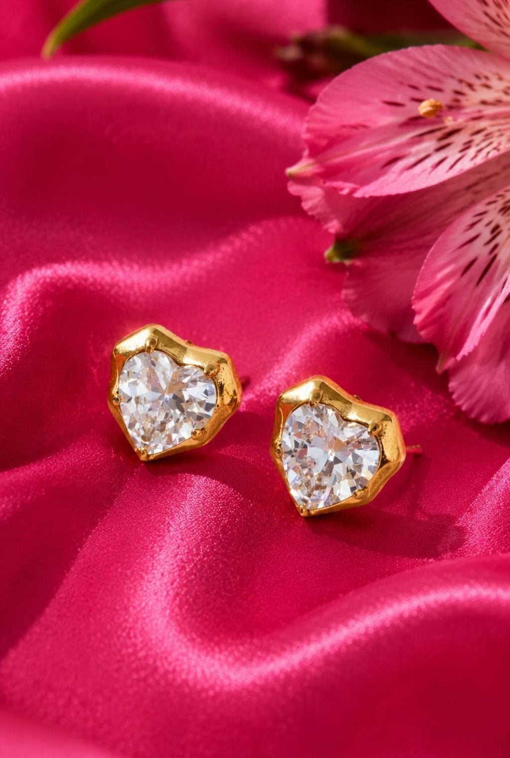 Heart Zircon Stud Earrings, 18K Gold Plated Stainless Steel, Water Resistant