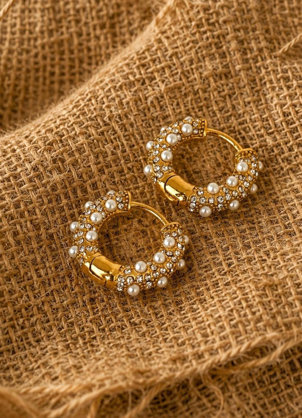 Pearl Zircon Hoop Earrings, 18K Gold Plated Stainless Steel Huggie Statement Jewelry