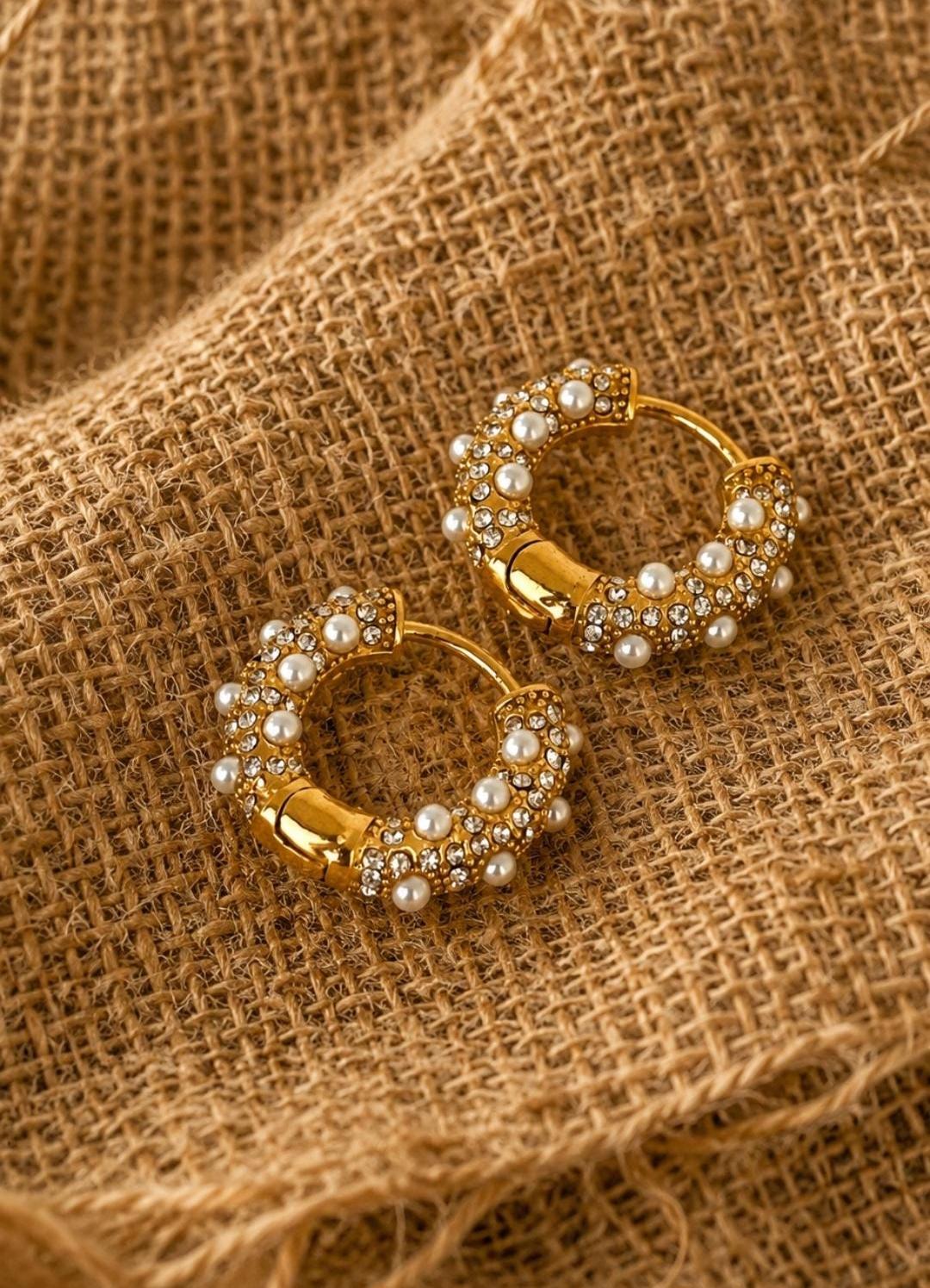 Pearl Zircon Hoop Earrings, 18K Gold Plated Stainless Steel Huggie Statement Jewelry