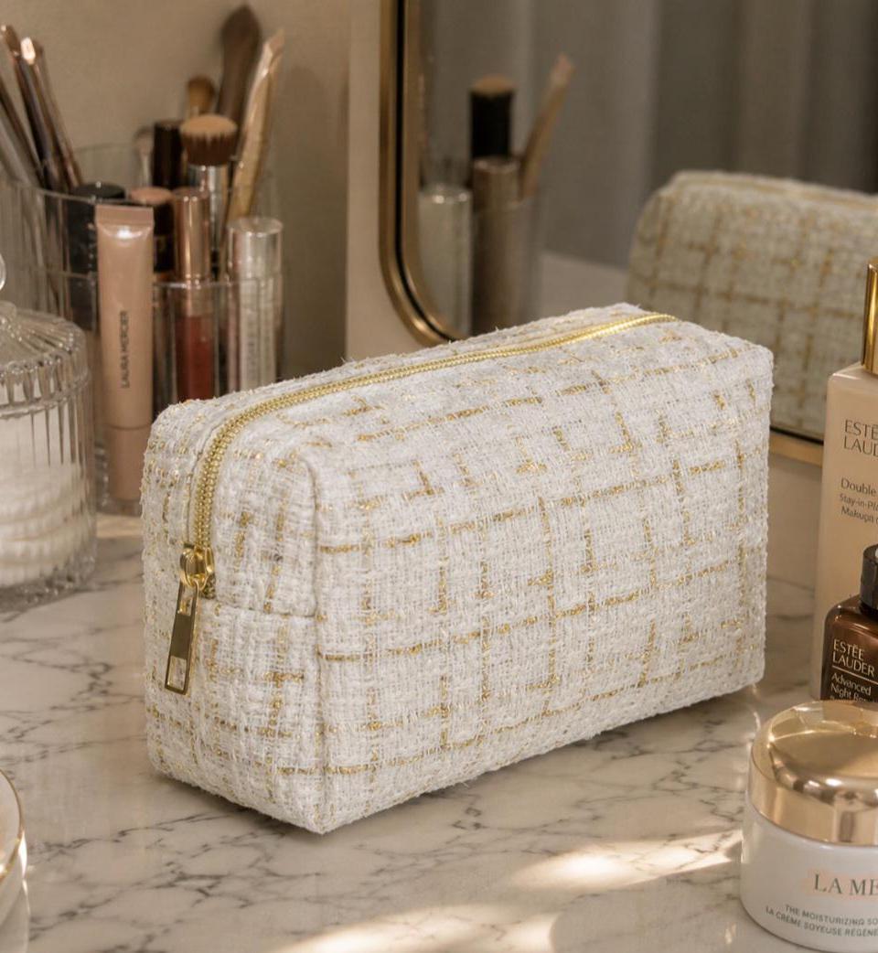 Textured Woven Cosmetic Bag, Gold Accents, Black White Makeup Pouch