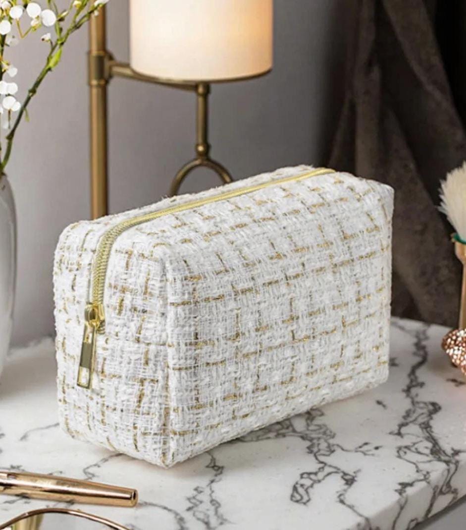 Textured Woven Cosmetic Bag, Gold Accents, Black White Makeup Pouch