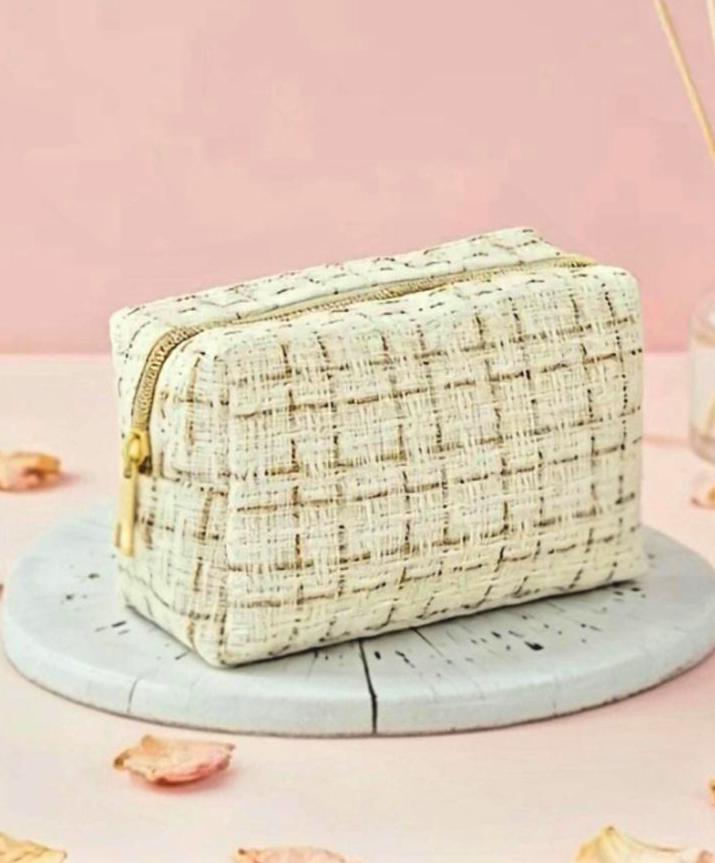 Textured Woven Cosmetic Bag, Gold Accents, Black White Makeup Pouch