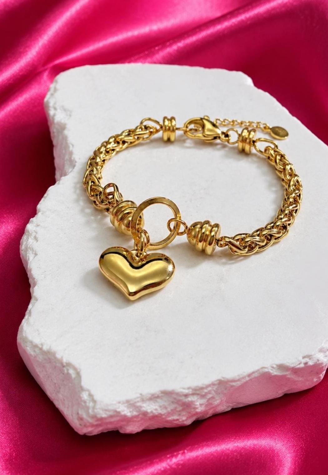 18K Gold Plated Heart Charm Bracelet, Stainless Steel Textured Chain, Adjustable Dainty Jewelry