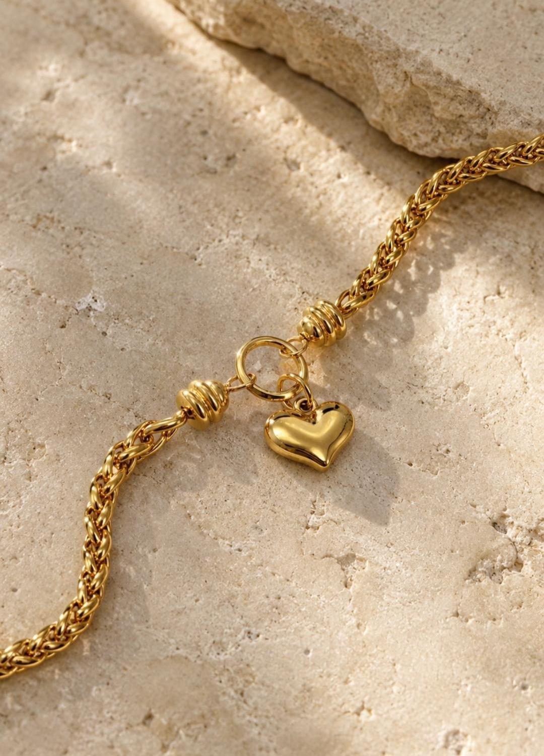 18K Gold Plated Heart Charm Bracelet, Stainless Steel Textured Chain, Adjustable Dainty Jewelry