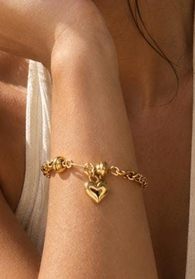 18K Gold Plated Heart Charm Bracelet, Stainless Steel Textured Chain, Adjustable Dainty Jewelry