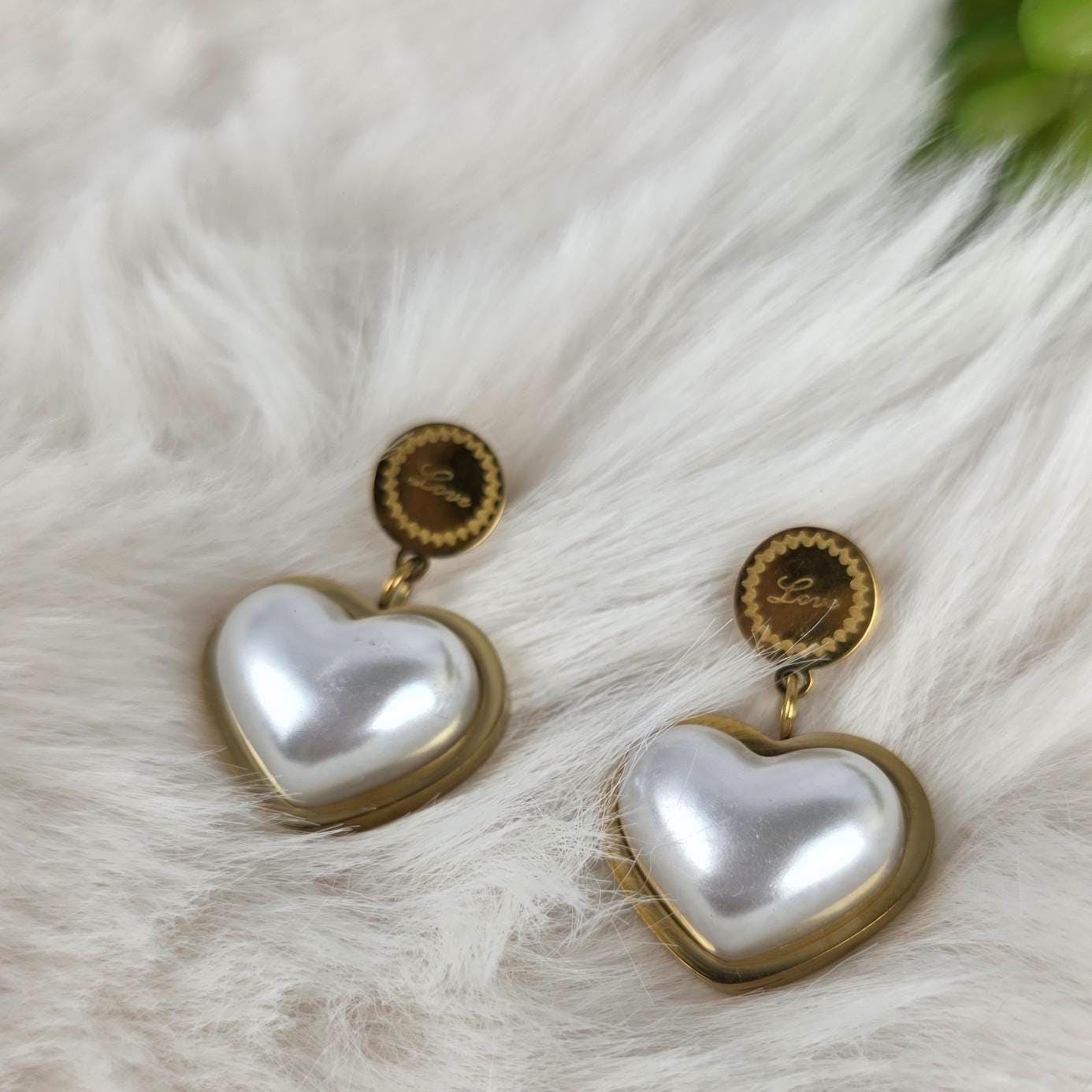 Pearl Heart Necklace Earrings Set | 18K Gold Plated Dainty Jewelry