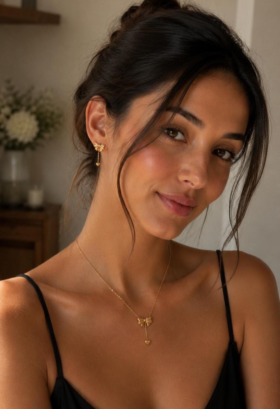 18K Gold Plated Bow Necklace Earrings Set | Stainless Steel Dainty Jewelry (Waterproof)