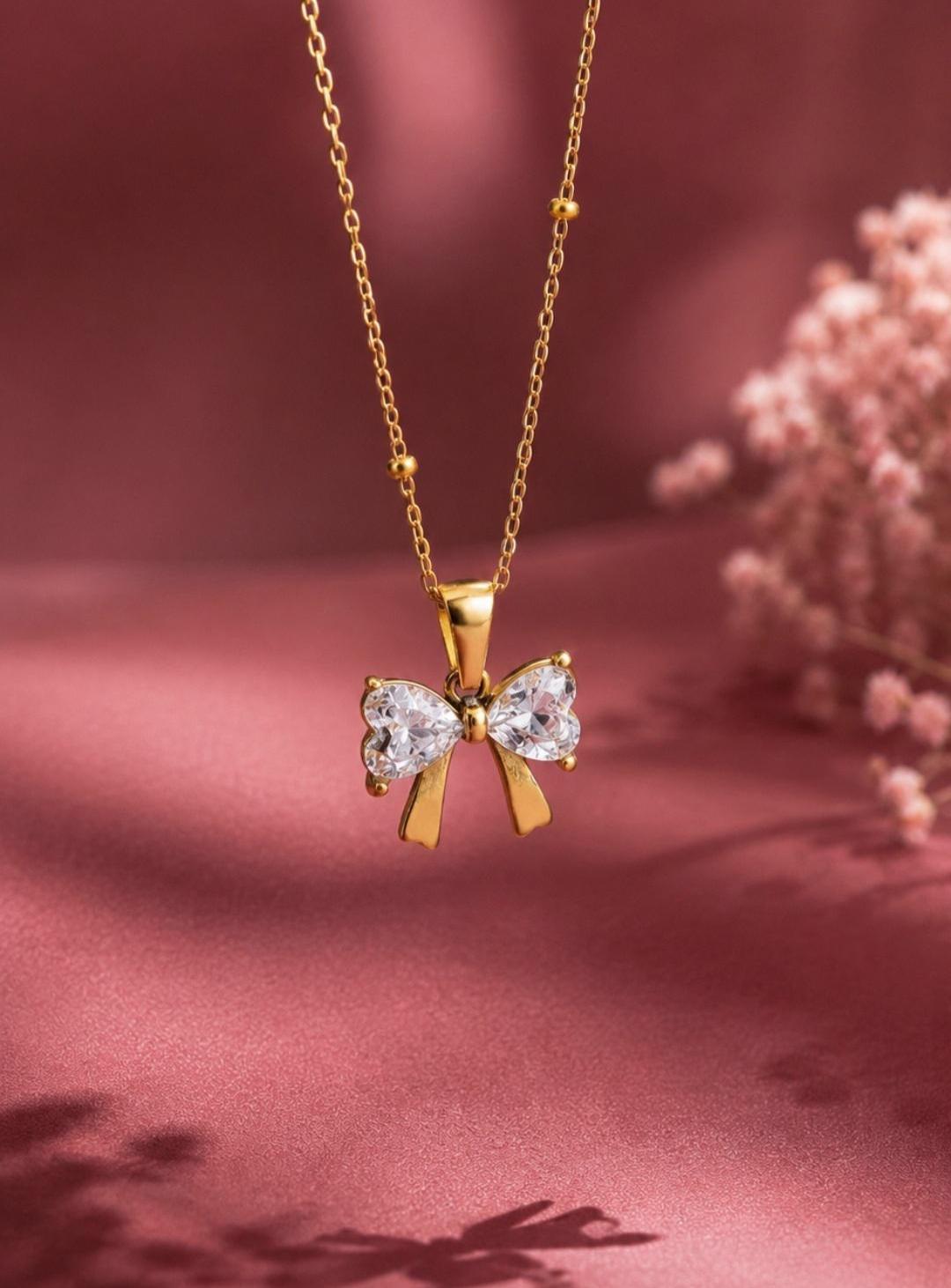 Gold Bow Necklace | Crystal Pendant, 18K Plated Stainless Steel, Dainty Coquette Jewelry