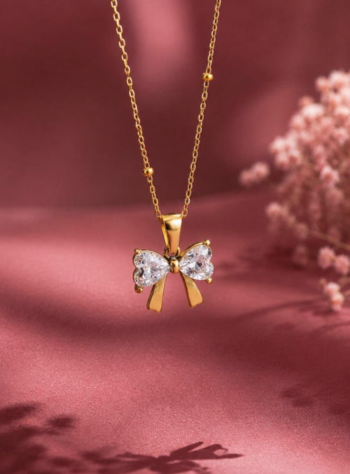 Gold Bow Necklace | Crystal Pendant, 18K Plated Stainless Steel, Dainty Coquette Jewelry