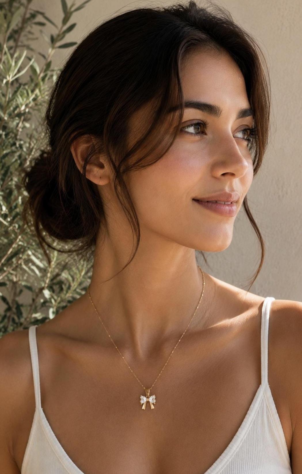 Gold Bow Necklace | Crystal Pendant, 18K Plated Stainless Steel, Dainty Coquette Jewelry