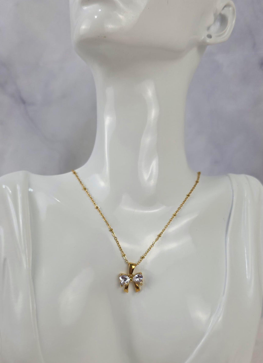Gold Bow Necklace | Crystal Pendant, 18K Plated Stainless Steel, Dainty Coquette Jewelry