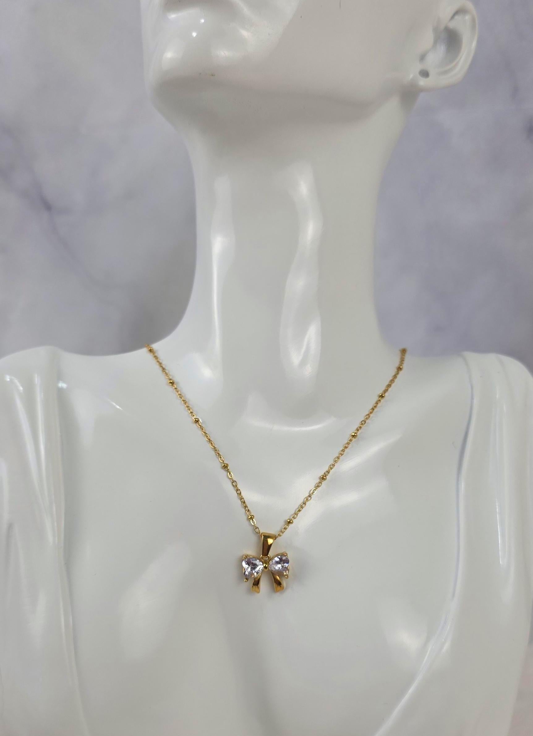 Gold Bow Necklace | Crystal Pendant, 18K Plated Stainless Steel, Dainty Coquette Jewelry