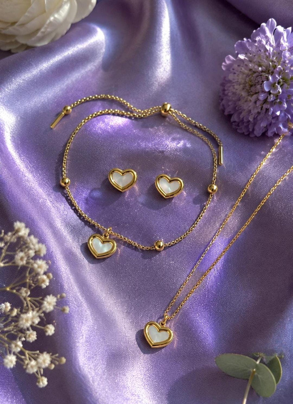 Celeste Heart Jewelry Set | Gold Plated Shell Necklace, Bracelet, Earrings.Dainty Gift for Her