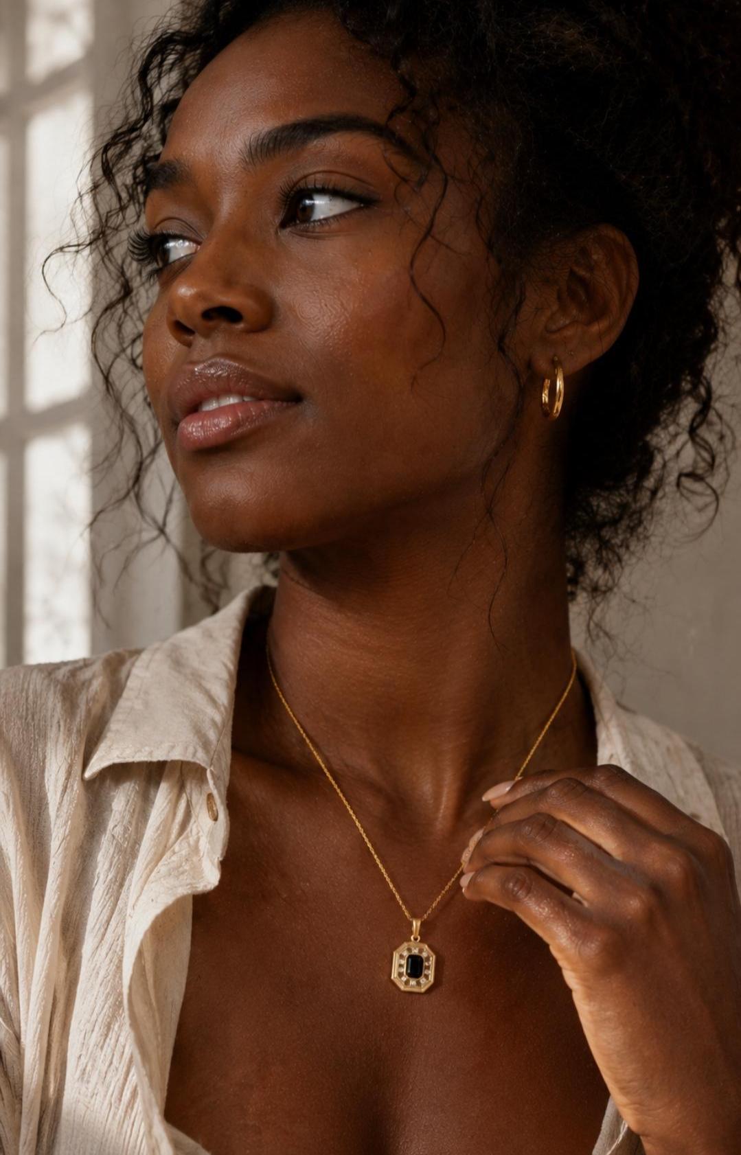 Gold Plated Octagonal Black Stone Pendant Necklace, Geometric Charm, Minimalist Jewelry