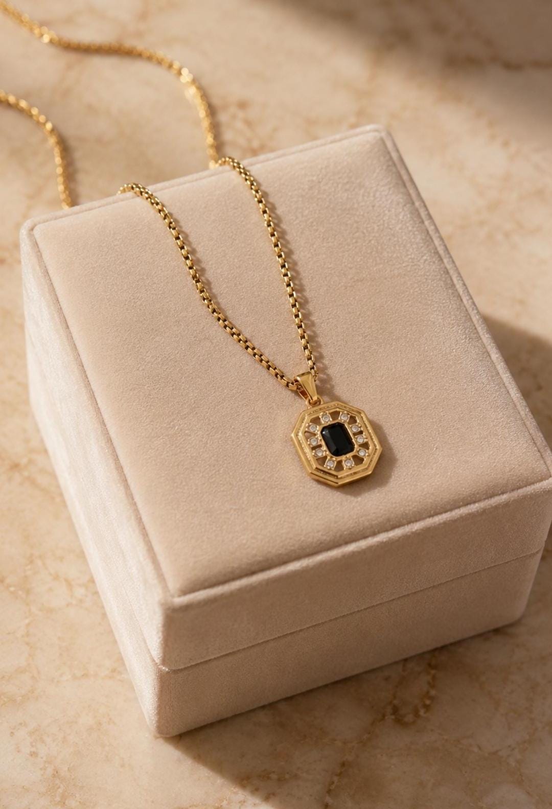 Gold Plated Octagonal Black Stone Pendant Necklace, Geometric Charm, Minimalist Jewelry