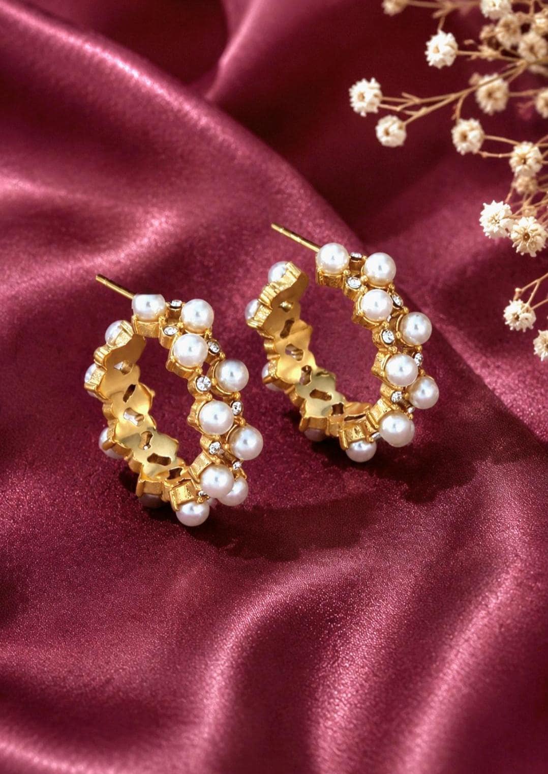 Pearl Hoop Earrings, Gold Crystal Hoops, Elegant Bridal Jewelry, Gift for Women