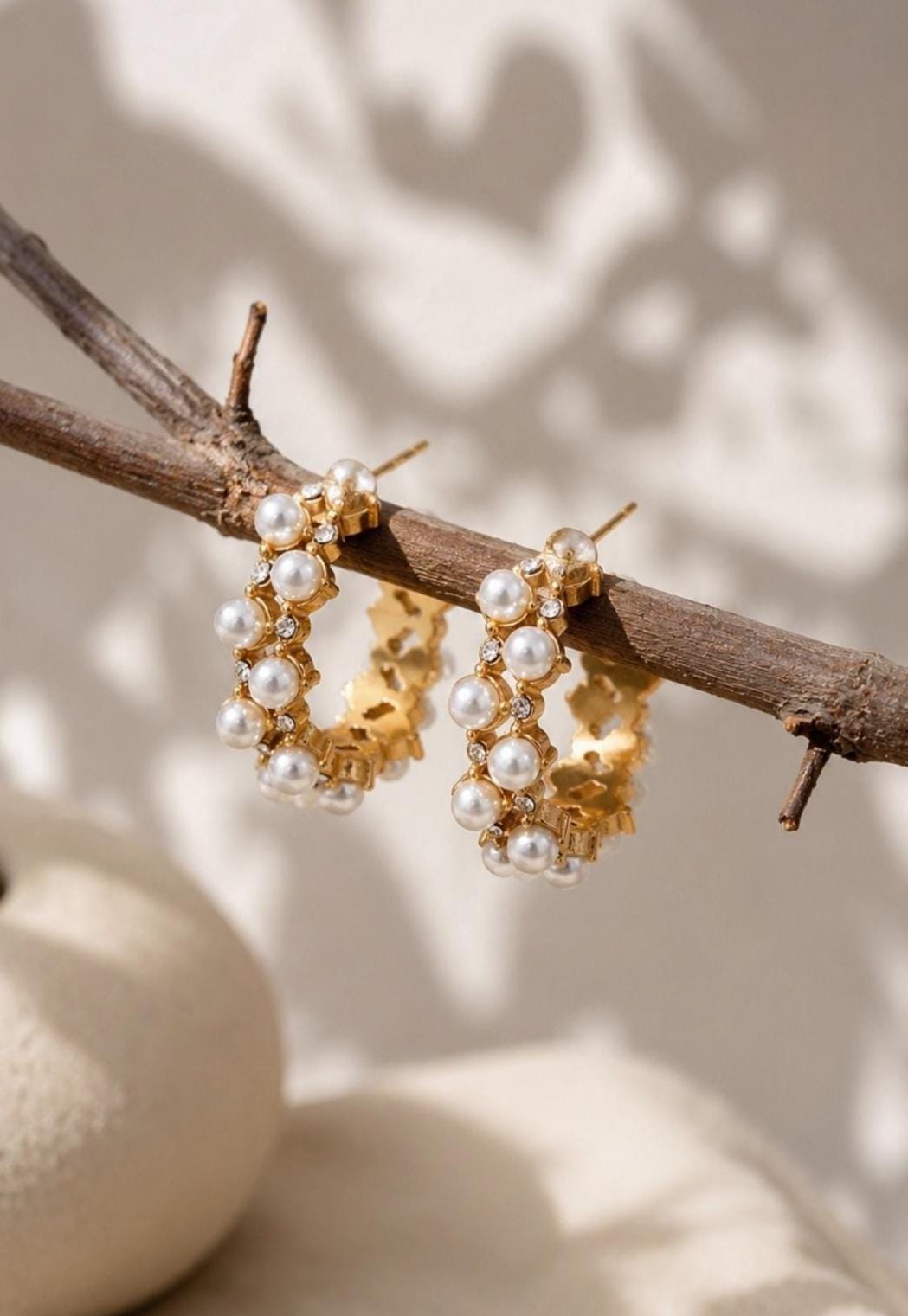 Pearl Hoop Earrings, Gold Crystal Hoops, Elegant Bridal Jewelry, Gift for Women