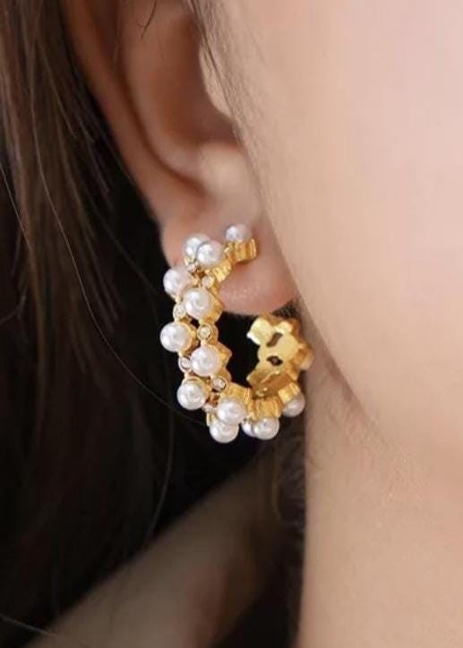 Pearl Hoop Earrings, Gold Crystal Hoops, Elegant Bridal Jewelry, Gift for Women