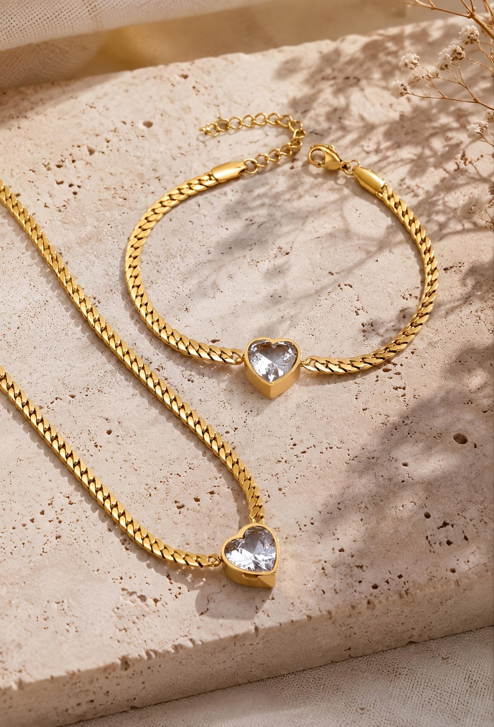 18K Gold Plated Stainless Steel Necklace Bracelet Set | Dainty Layered Jewelry, Hypoallergenic, Tarnish Resistant