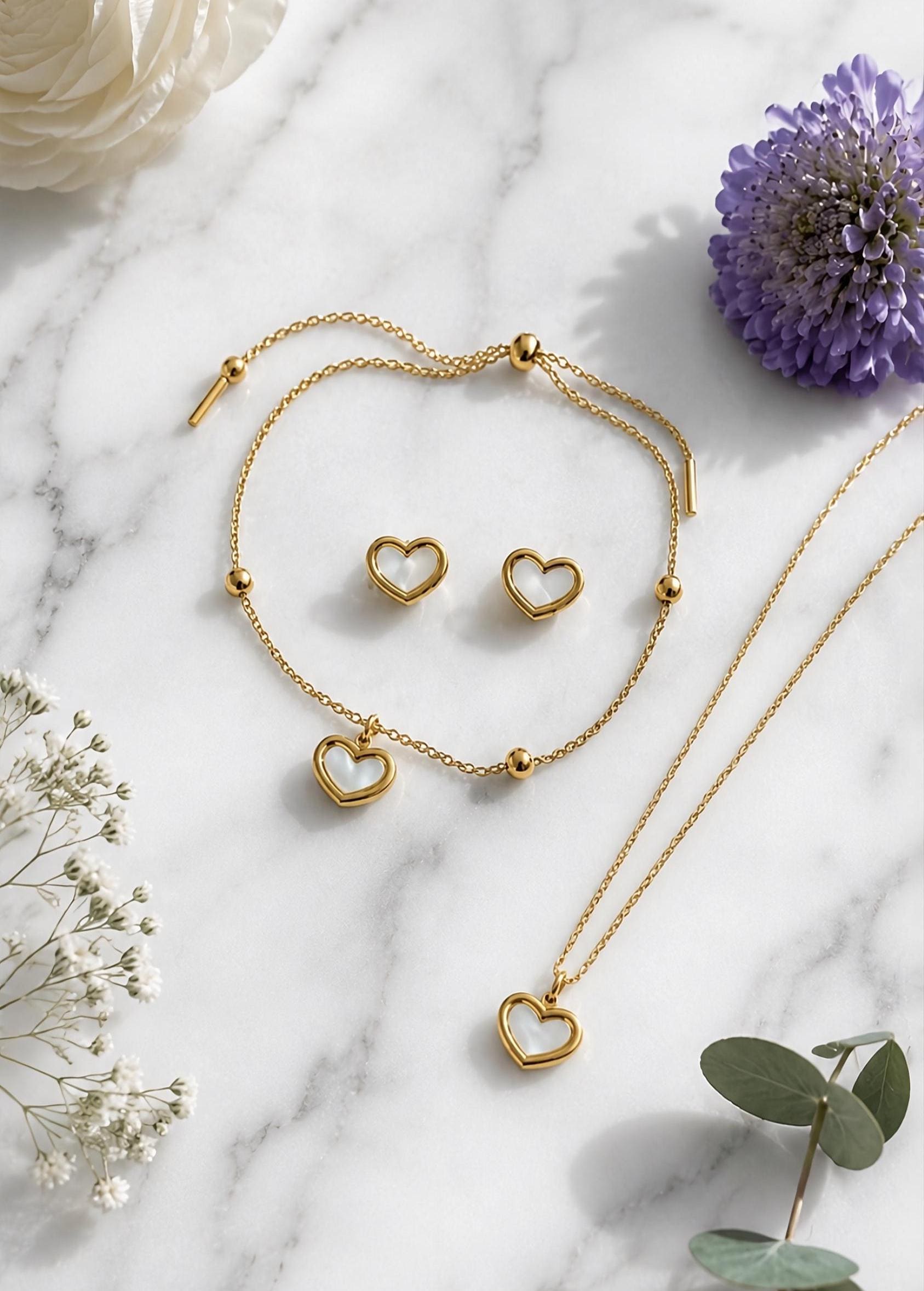 Celeste Heart Jewelry Set | Gold Plated Shell Necklace, Bracelet, Earrings.Dainty Gift for Her
