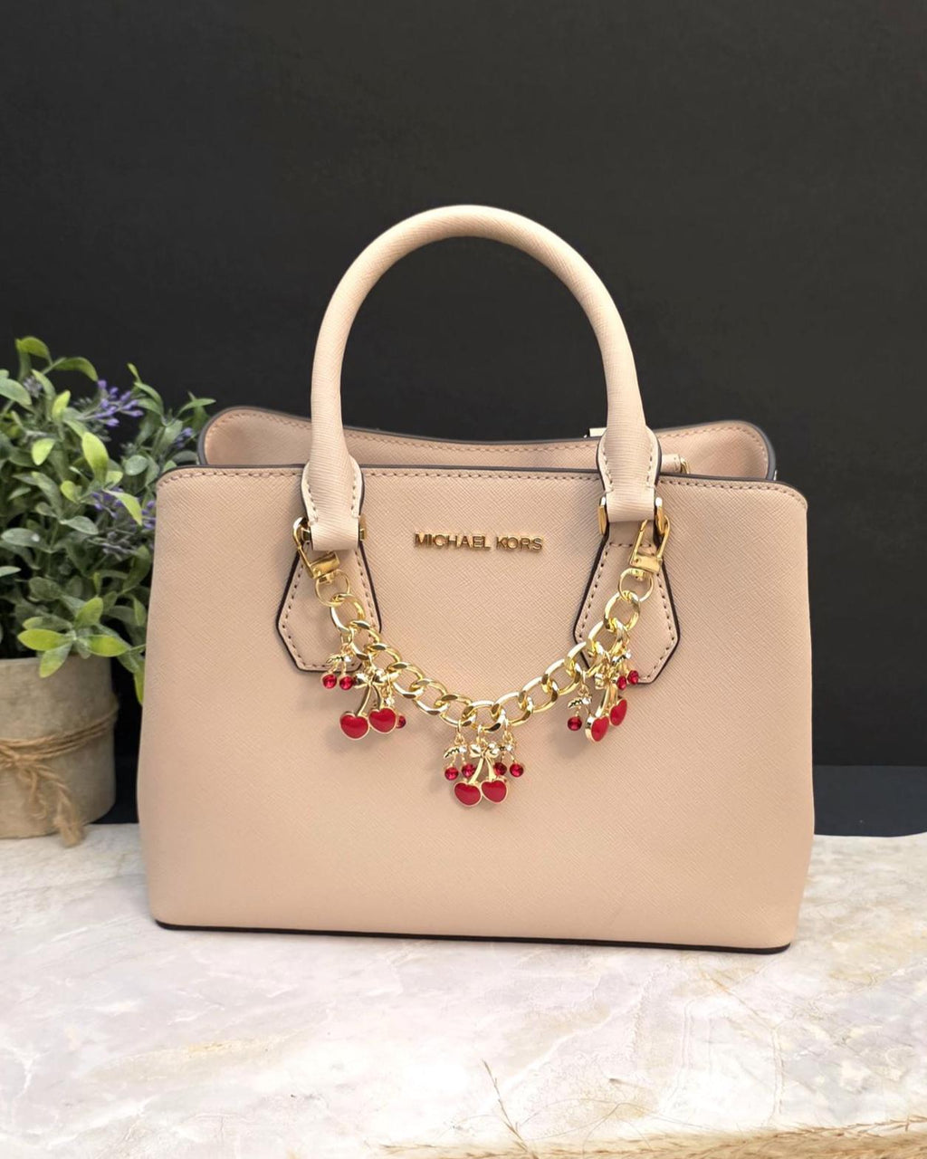 Gold Tone Cherry Bag Charm, Enamel Bow Purse Accessory, Coquette Backpack Keychain
