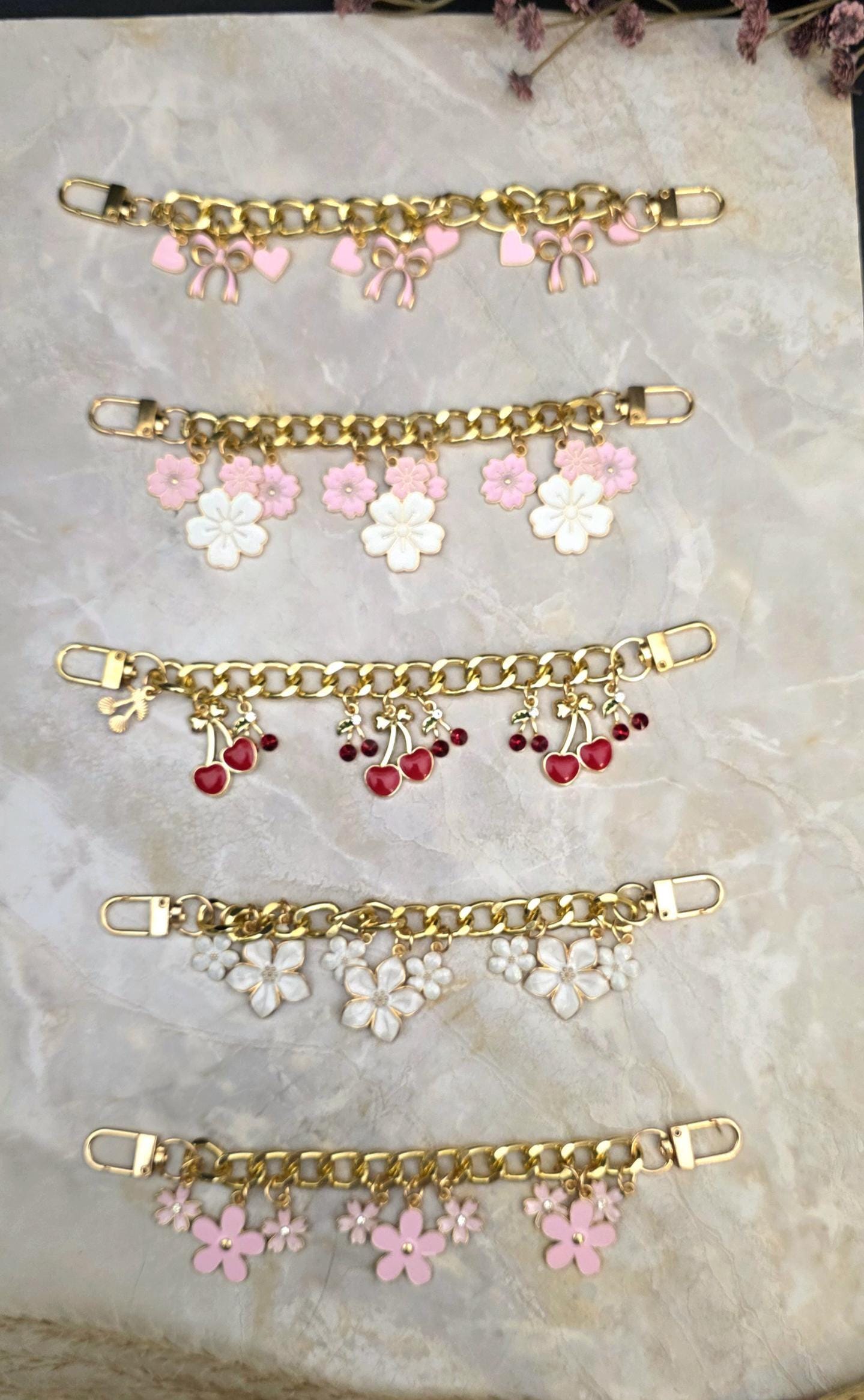 Gold Tone Cherry Bag Charm, Enamel Bow Purse Accessory, Coquette Backpack Keychain
