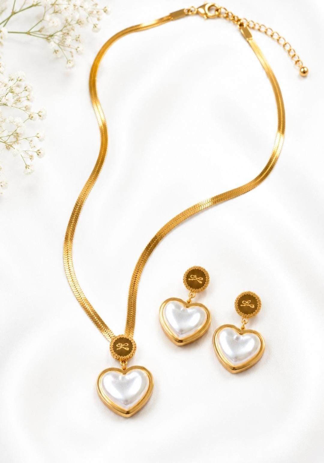 Pearl Heart Necklace Earrings Set | 18K Gold Plated Dainty Jewelry