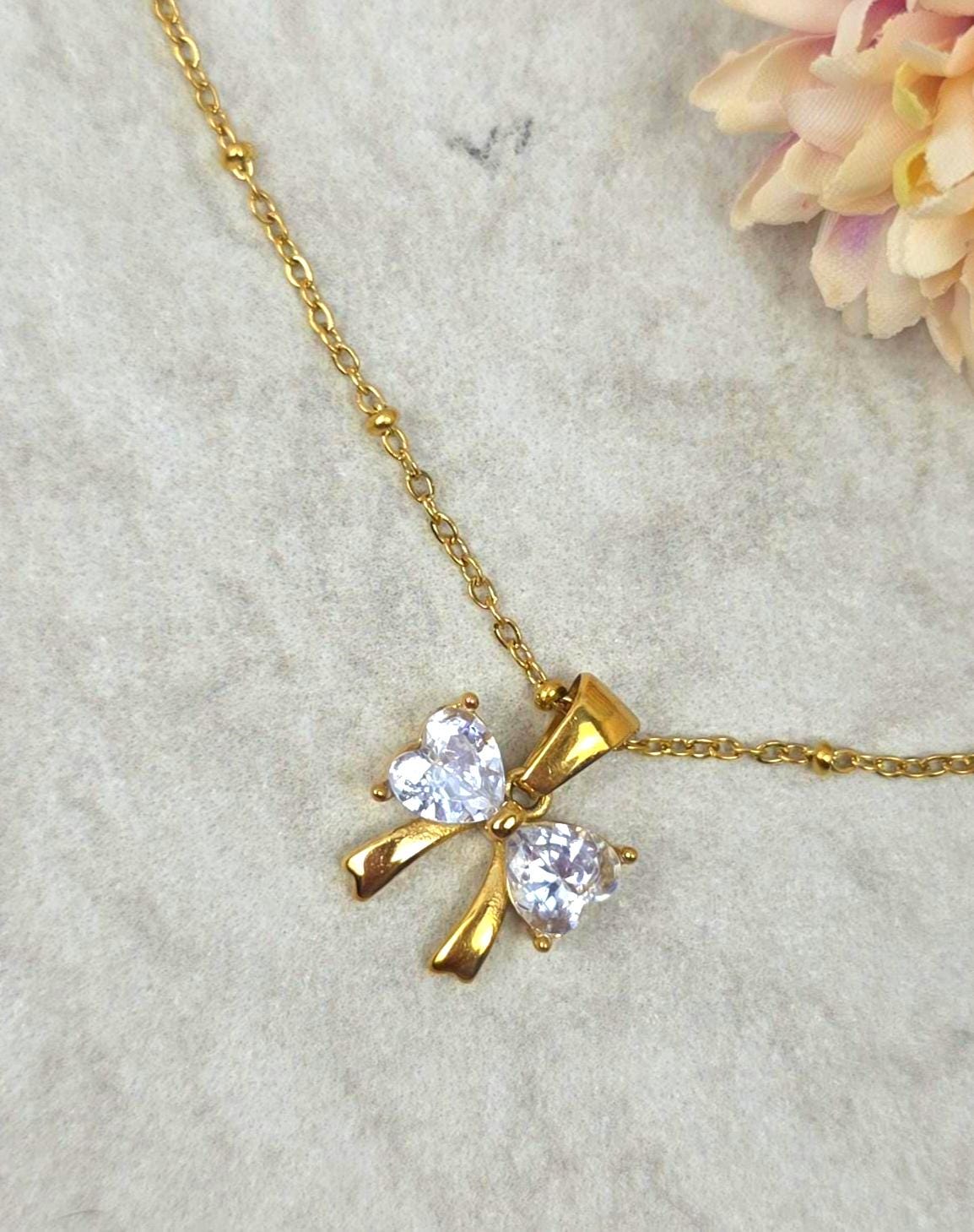 Gold Bow Necklace | Crystal Pendant, 18K Plated Stainless Steel, Dainty Coquette Jewelry