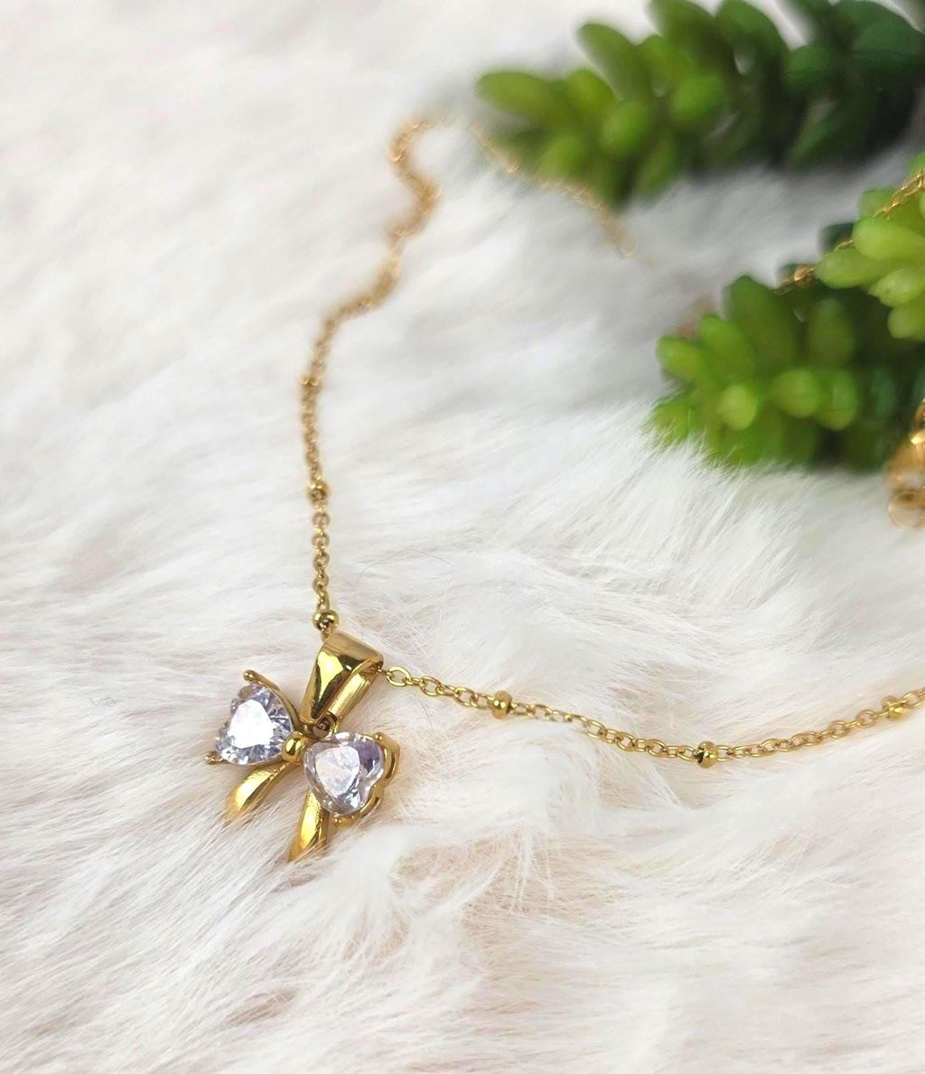 Gold Bow Necklace | Crystal Pendant, 18K Plated Stainless Steel, Dainty Coquette Jewelry