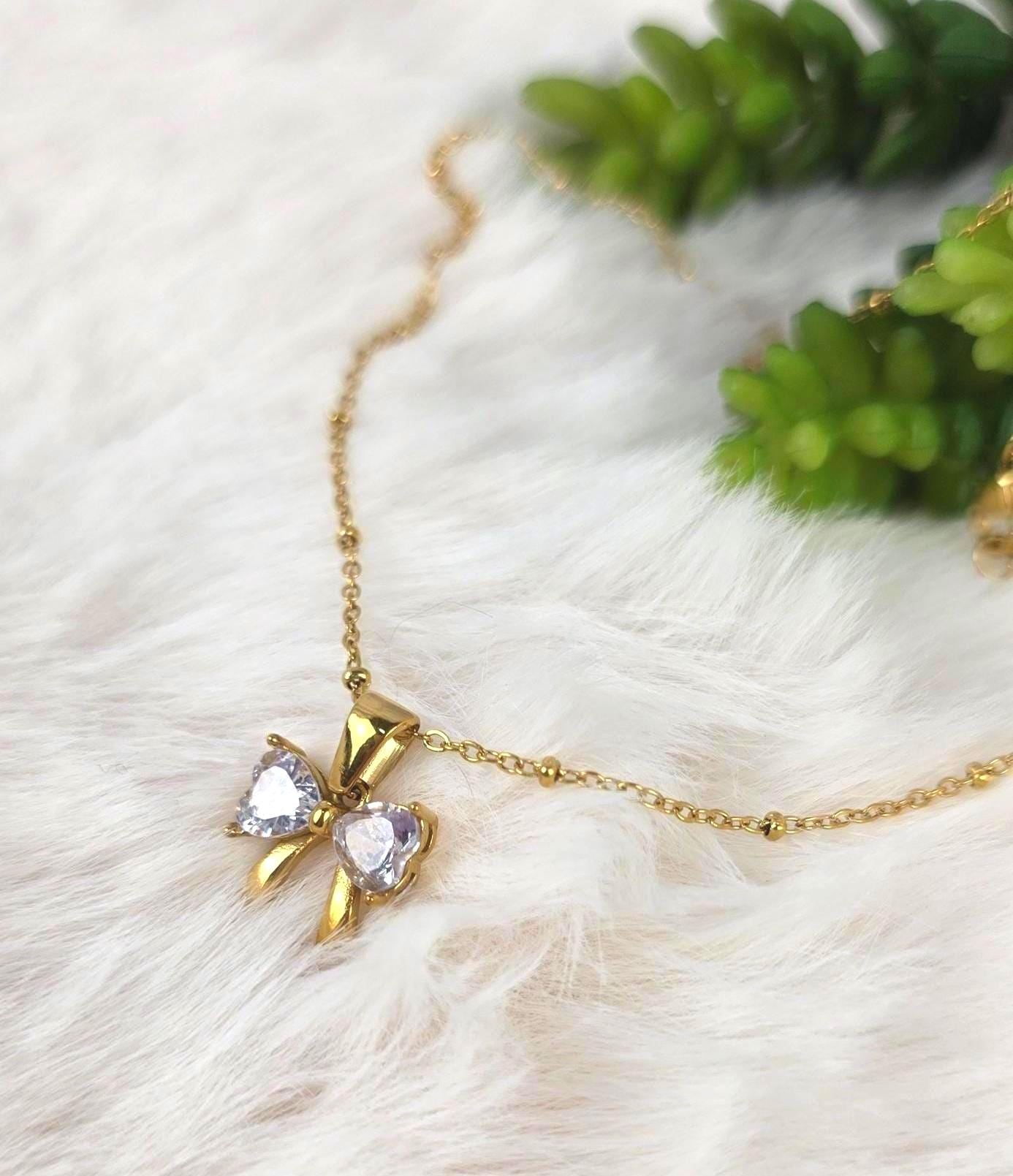 Gold Bow Necklace | Crystal Pendant, 18K Plated Stainless Steel, Dainty Coquette Jewelry