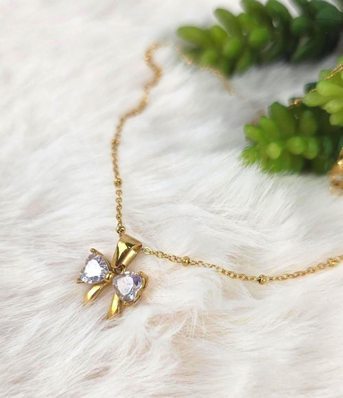 Gold Bow Necklace | Crystal Pendant, 18K Plated Stainless Steel, Dainty Coquette Jewelry