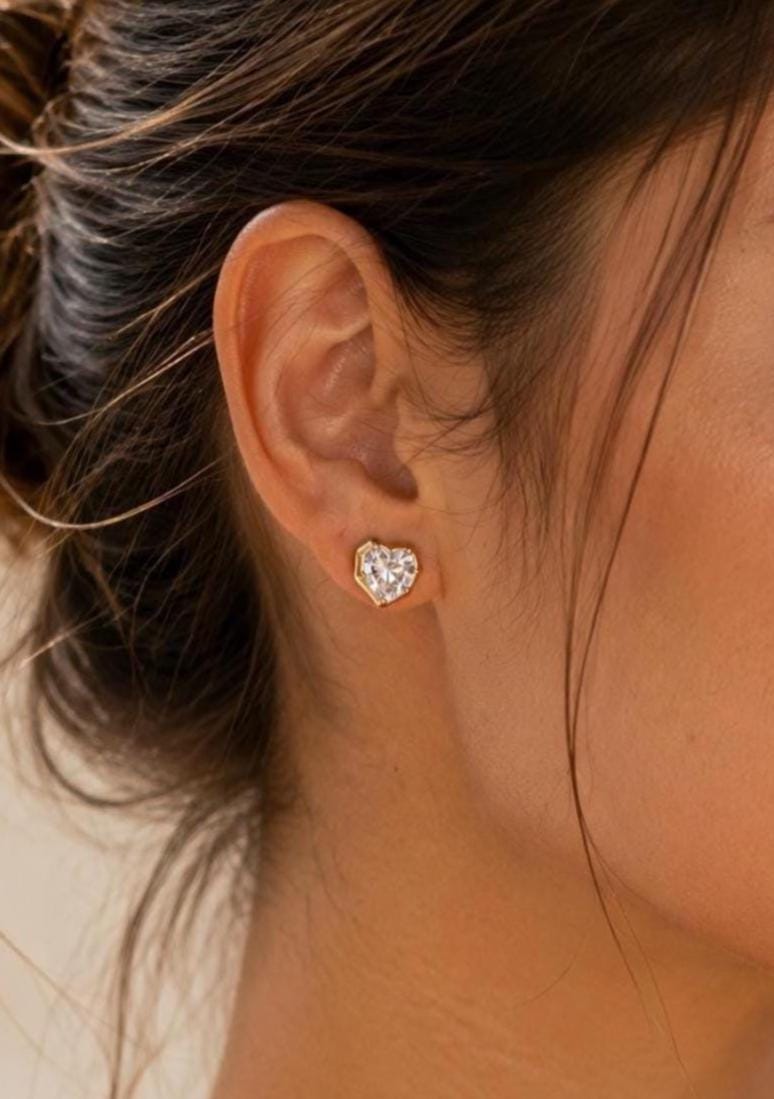 Heart Zircon Stud Earrings, 18K Gold Plated Stainless Steel, Water Resistant