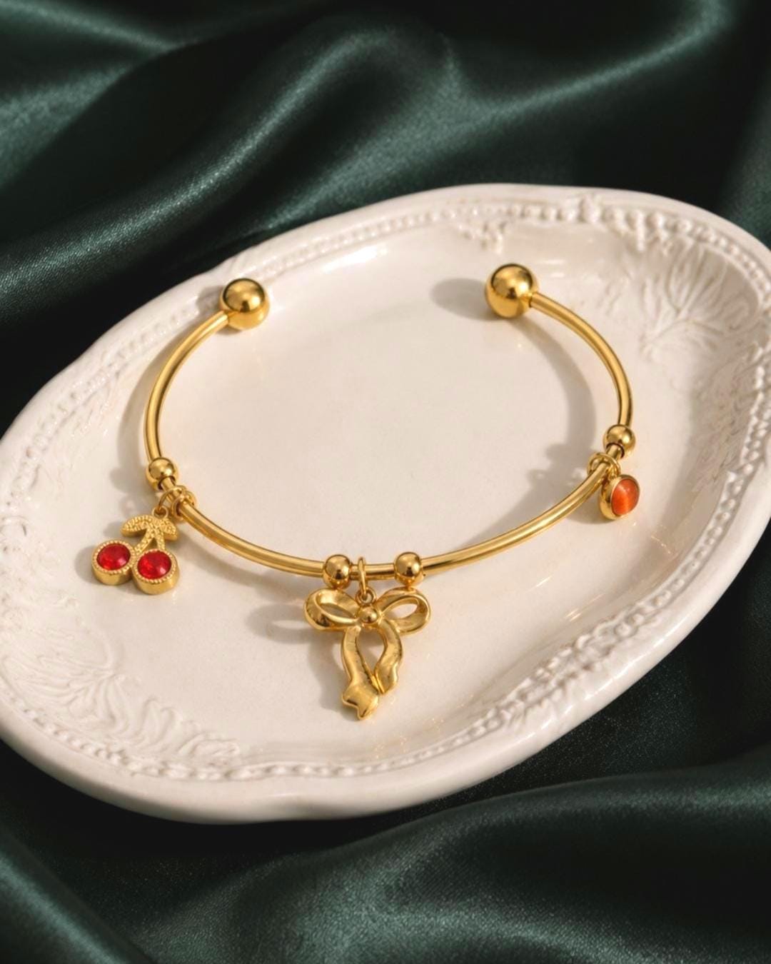 18K Gold Plated Stainless Steel Bow Cherry Charm Bracelet – Adjustable Bangle