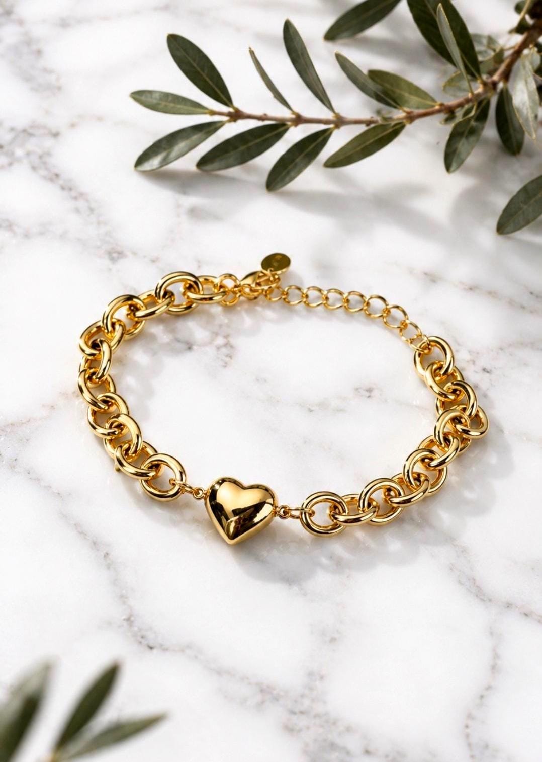 Gold Heart Chain Bracelet, Stainless Steel Chunky Link, Dainty Charm Jewelry, Adjustable