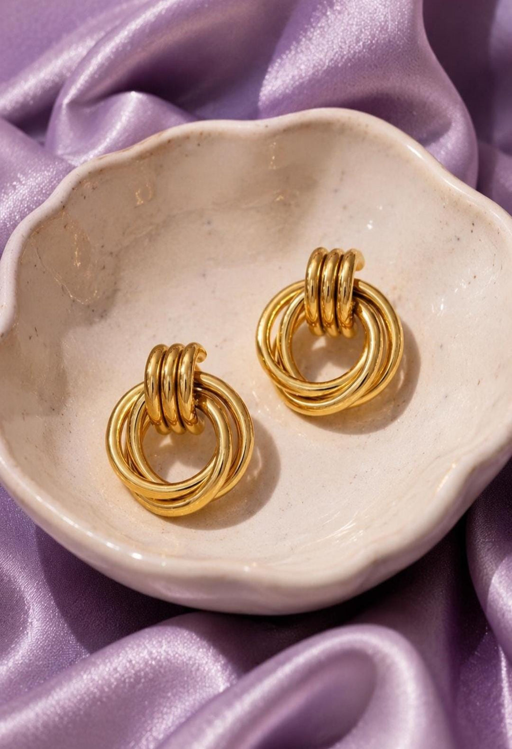 18K Gold Plated Knot Stud Earrings, Interlocking Circles, Modern Sculptural Jewelry