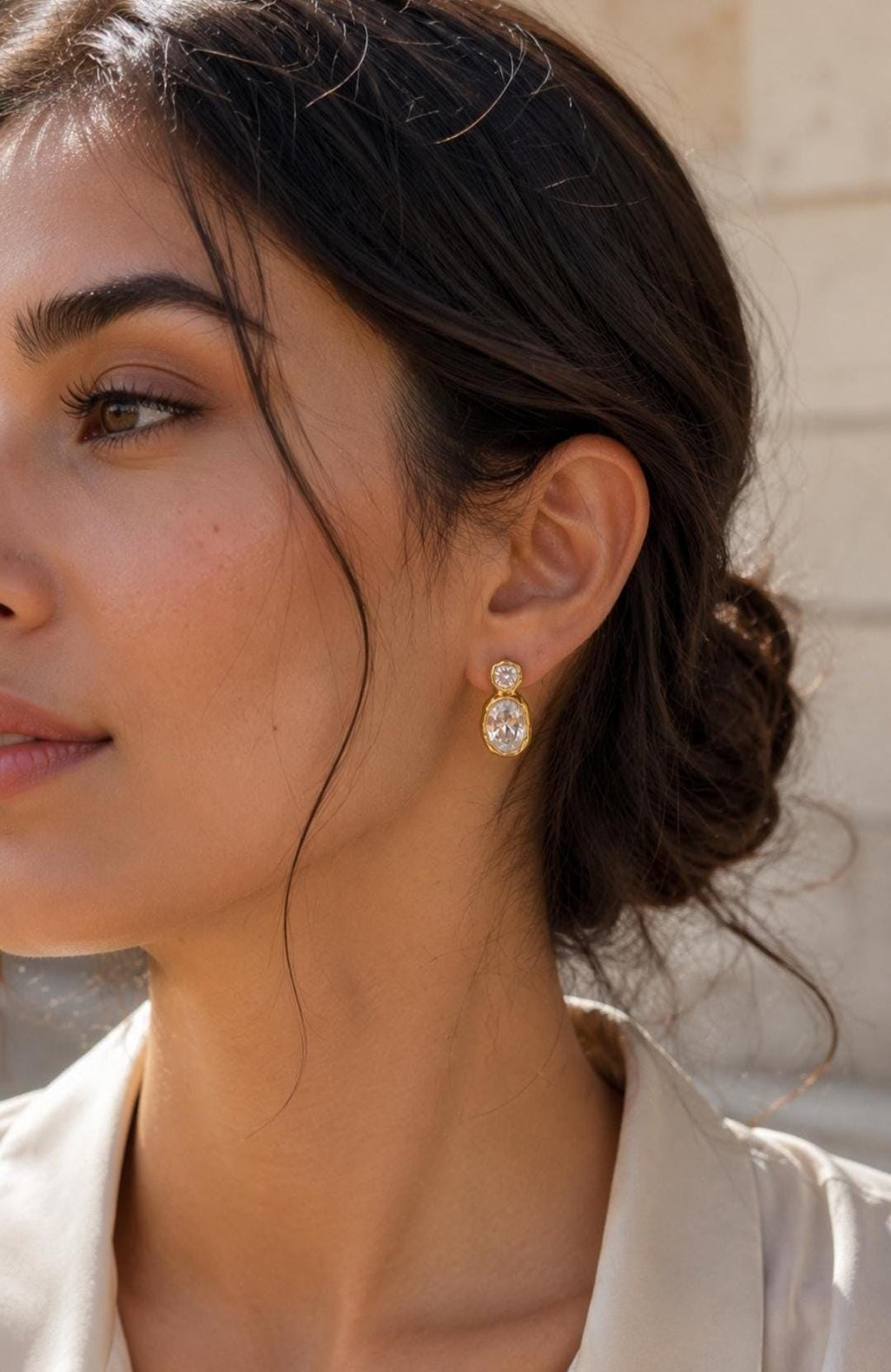 18K Gold Plated Zircon Drop Earrings, Oval Crystal Studs, Statement Jewelry