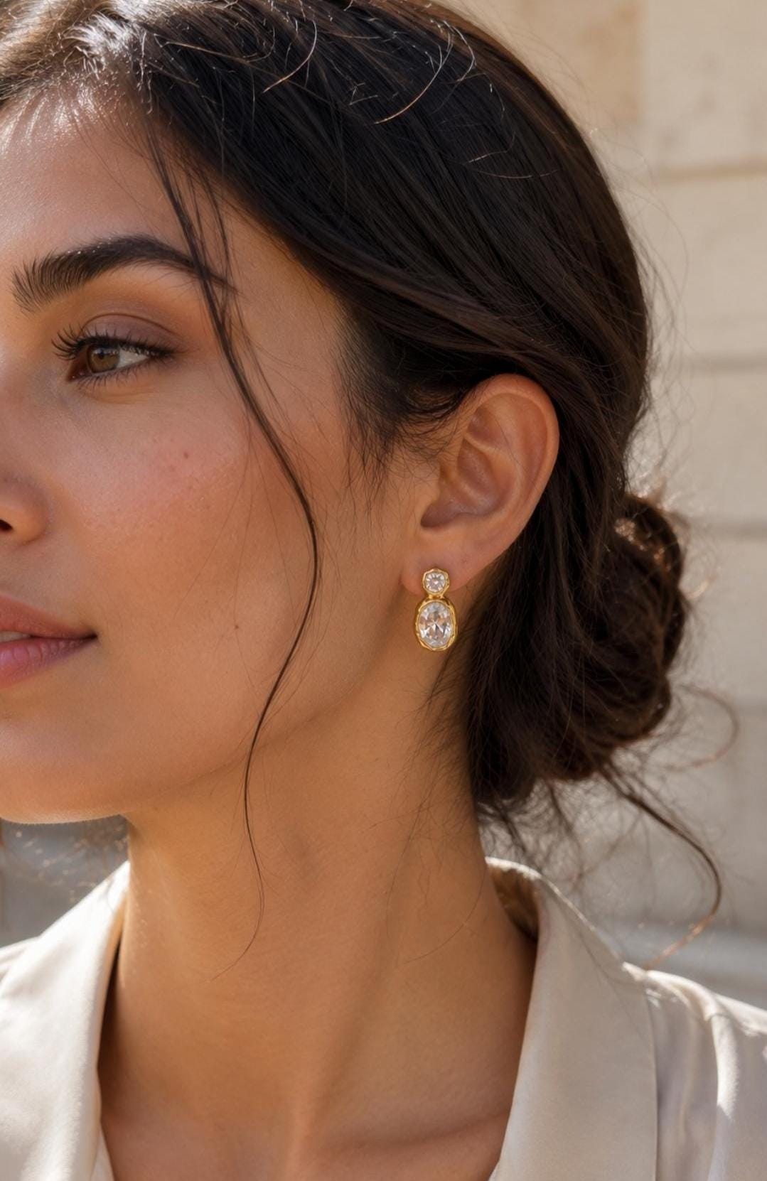 18K Gold Plated Zircon Drop Earrings, Oval Crystal Studs, Statement Jewelry